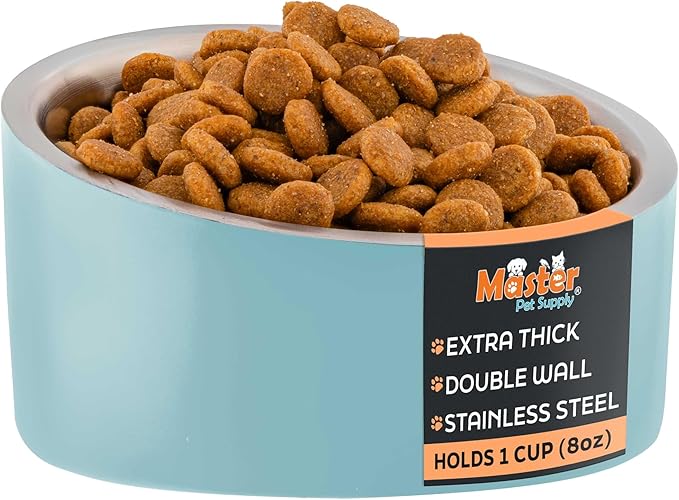 Master Pet Supply Stainless Steel Slanted Dog Cat Food Bowl - 8 oz Heavy Duty - Aqua Sky, Double Wall Insulated, Non-Slip Elevated Bowl for French Bulldogs Pugs Cats, Anti Rust Dishwasher Safe