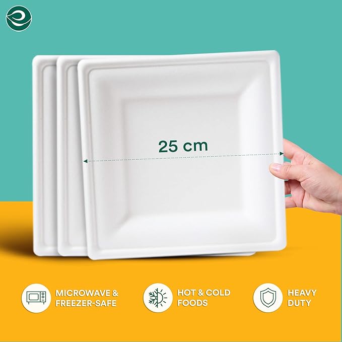 ECO SOUL 100% Compostable Square Paper Plates 10 Inch [200-Pack] Biodegradable Heavy Duty Eco-Friendly Disposable Plates for Dinner, Parties, Wedding & Event(White)