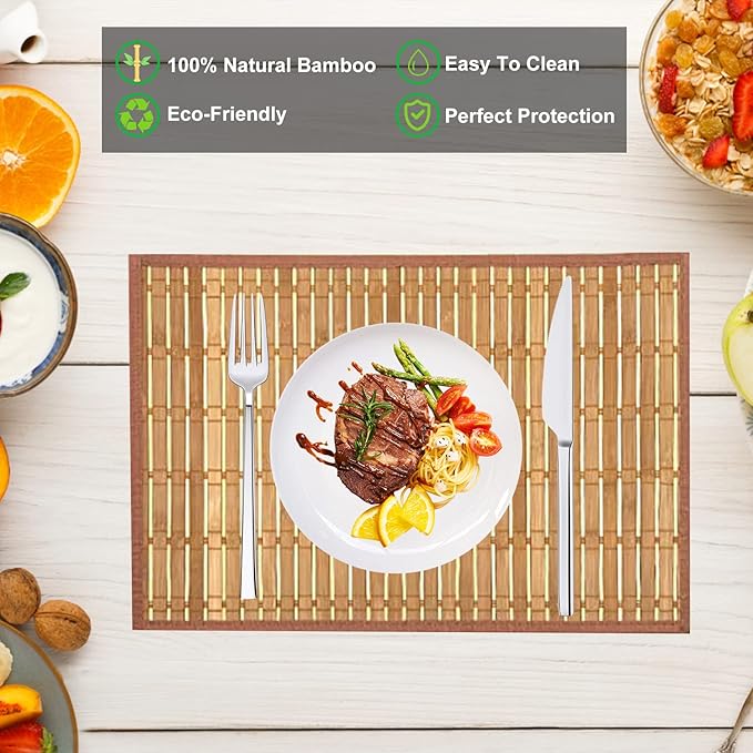 ANDSTAR Set of 8 Pcs Bamboo Placemats with Fabric Border Japanese Style Natural Anti-Slip Bamboo Placemats Washable Heat-Resistant Table Mats for Dining Room and Kitchen（Coffee）