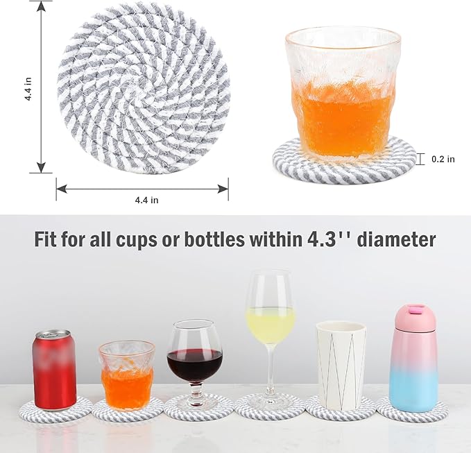 ABenkle 8 Pcs Drink Coasters with Holder, Cotton Woven Absorbent Coasters for Drinks, Minimalist Home Decor Coaster Set for Wooden Tabletop Protection Table, 4.3 inches