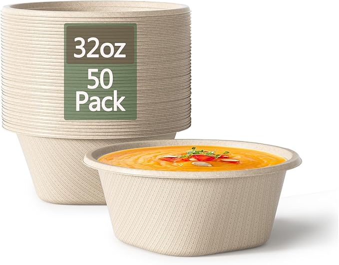 Homestockplus 32 Oz Deep Disposable Bowl, Paper Bowls Disposable Heavy Duty Compostable Bowls, Eco-friendly Sugarcane Bagasse Biodegradable Bowl for Soup, Salad, Dessert [50 Pack]