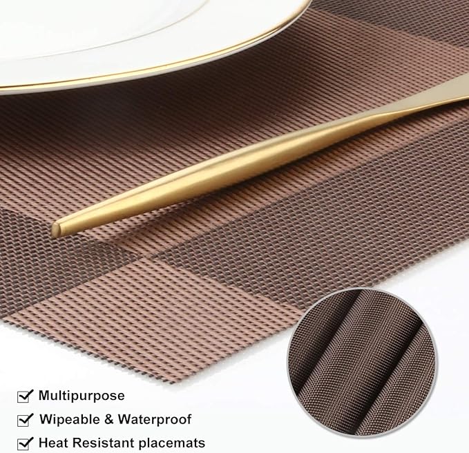 DACHUI Placemats, Heat-Resistant Placemats Stain Resistant Anti-Skid Washable PVC Table Mats Woven Vinyl Place mats (6pcs, Brown-Cross)