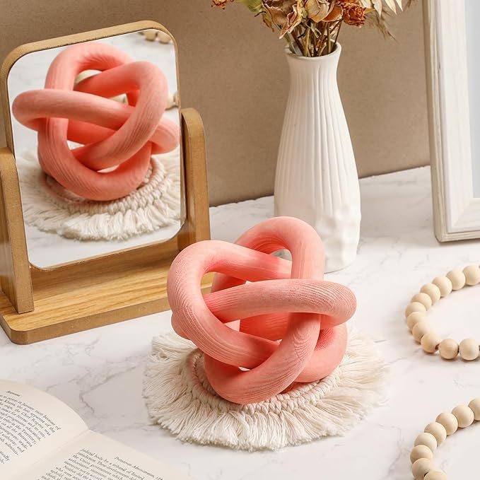 3 Link Wood Knot Decor Rustic Home Décor Accents Hand Carved Coffee Table Decoration, Boho Chain Link Decoration, Modern Shelf, Rustic Objects for Home Living Room Bedroom(Pea-Pink)