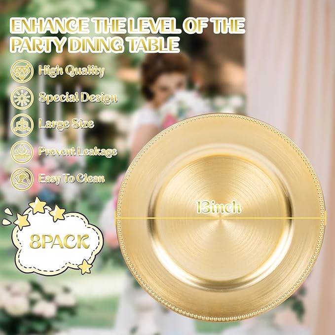 LIYH 8 Pcs Gold Charger Plates 13'' Plastic Round Chargers Plates Reusable Wedding Dinner for for Table Setting Wedding Party Decoration