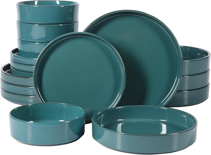 Bloomhouse - Two Time Oprah's Favorite Things Winner - Santorini Mist Double Bowl Terracotta Reactive Glaze Plates and Bowls Dinnerware Set - Jade Blue Green, Service for Four (16pcs)