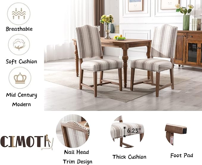 CIMOTA Mid Century Modern Dining Chairs Set of 2, Farmhouse Upholstered Dining Room Chairs Comfortable Kitchen Side Chairs with High Back/Natural Solid Wood Frame, Linen Brown/Beige Stripe