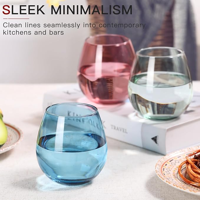 Colored Stemless Wine Glasses Set of 6-15 oz -【Hand-Blown】 Colored Drinking Glasses, European Design Crystal Glass For Red & White Wine, Unique Gifts for Wedding, Birthday(Multicolor)