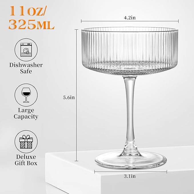 Vintage Ribbed Coupe Glasses Set of 6-11oz Clear 100% Crystal Martini Glasses Elegant Cocktail Glasses, Transparent Glassware for Champagne, Margaritas, Espresso with a Rose Ice Mold