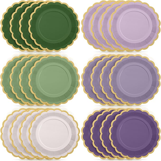 48 Pcs Sage Green Purple Paper Plates 9 Inch Lavender Scalloped Paper Disposable Dinner Dessert Plates for Birthday Wedding Bridal Party Supplies, 6 Colors