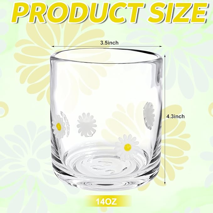 Icon Juice Glasses, 14oz Stemless Wine Drinking Juice Glass Cup for Valentine Party Supplies Gift(2 Pcs,Daisy)