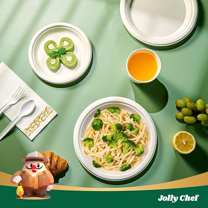 JOLLY CHEF Compostable Heavy Duty Plates 𝟳 𝗶𝗻𝗰𝗵 𝗮𝗻𝗱 𝟵 𝗶𝗻𝗰𝗵 [𝟭𝟮𝟬 𝗣𝗮𝗰𝗸] Eco-Friendly Disposable Paper Plates Bagasse Biodegradable Sugarcane for Party Hot Coold Food Christmas(White)
