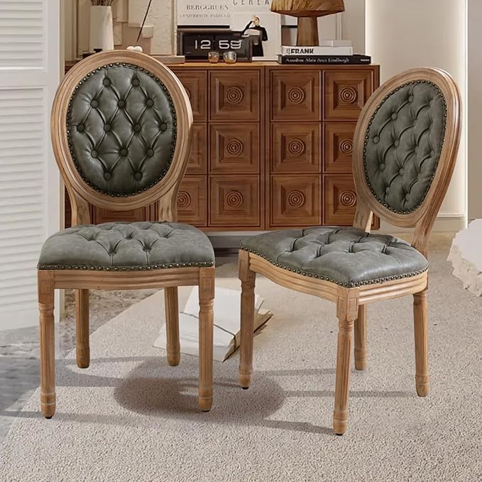 SoarFlash French Dining Chairs Set of 6, Vantage Dining Chair with Round Back, Farmhouse Country PU Leather Dining Chair for Kitchen,Bedroom,Green