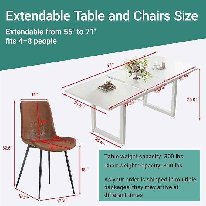 Extendable Dining Table Set for 8, 55"–71" Modern White Kitchen Table with 8 Upholstered Chairs, Space-Saving for Living Room Apartment, Sturdy & Comfortable, Easy Assembly