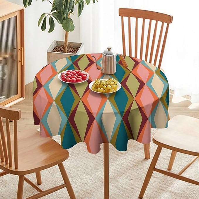 Abstract Geometric Boho Round Tablecloth, Retro Modern Mid Century Tablecloth for Home Party Dining Room Kitchen Decor 36Inch(90cm)