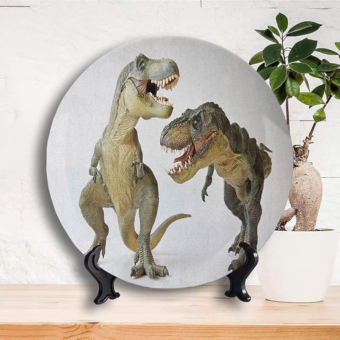 Ceramic Plates, Dinosaur Decorative Ceramic Plates, Tyrannosaurus Rex Pair Facing Off Ferocious Creatures, 6 Inch, for Dining, Parties, Wedding, Ivory Brown Grey
