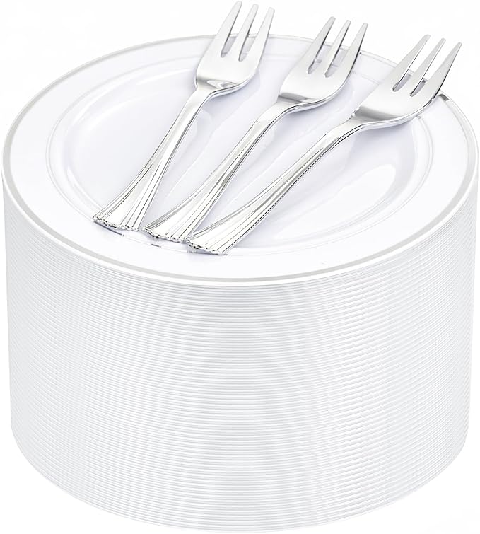WELLIFE 240PCS Silver Plastic Dessert Plates - Includes 120PCS Silver Forks, 120PCS 6.3 Inch Salad & Appetizer Plates - Perfect for Wedding & Party