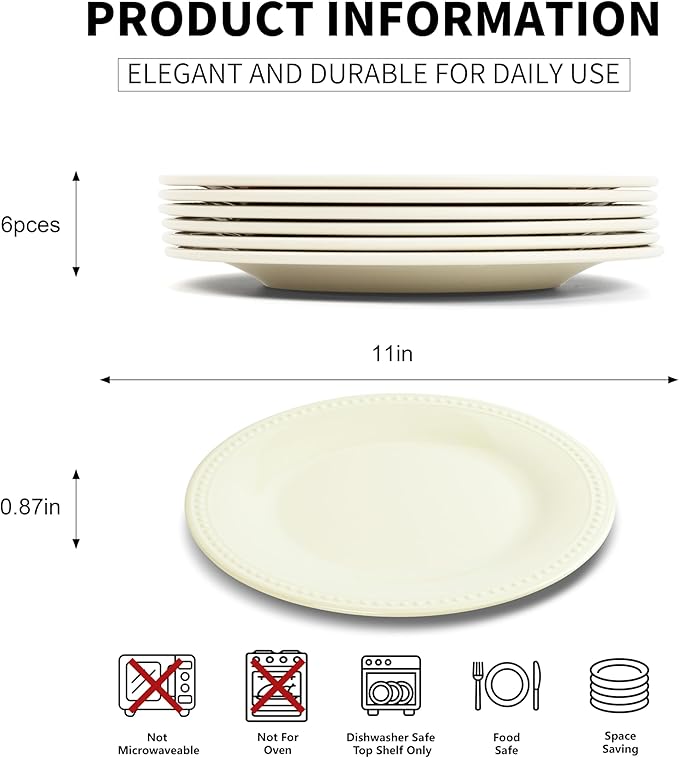 Melamine Beaded Dinner Plate Set of 6, 11inch, Cream, BPA Free, Platter, Serving Dishes, Chip & Break Resistant, Lightweight, Durable, Great for Dining, BBQs, Picnics, Weddings & Everyday Meals