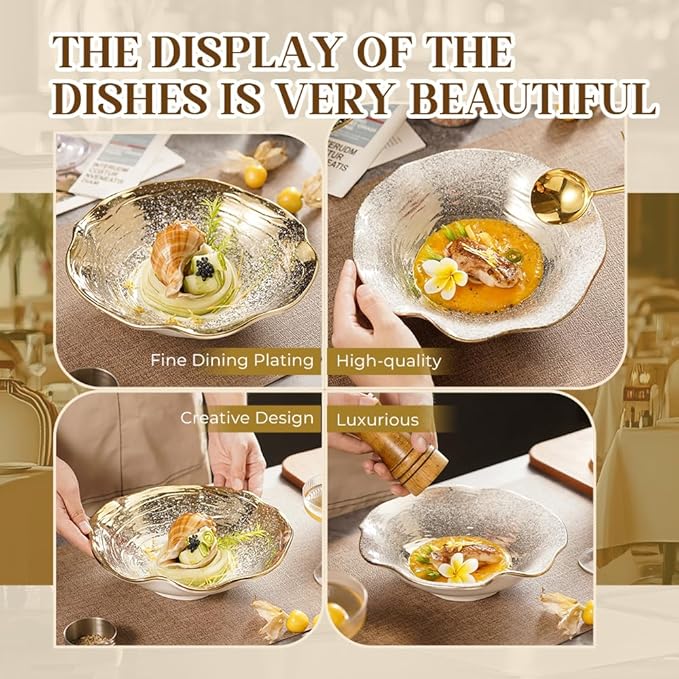 Handmade Ceramic Pasta Bowl 10.4 Inch, Wave Edge Gold Rim Soup Bowl, Set of 4 Reinforced Porcelain Bowls, 1kg Each, Dishwasher Safe Dinner Bowls