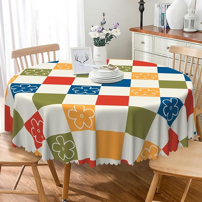 Laeacco 48 Inch Plaid Round Tablecloth Colorful Buffalo Plaid Flower Modern Geometric Abstract Art Print Table Cloth Washable Waterproof Wrinkle Free Table Cover for Kitchen Dining Picnic Party Decor