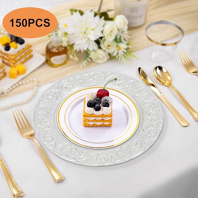 150 Pcs Charger Plates Set, Round Charger Plates, Reusable Serving Plates Embossed Rim Plastic Chargers Plate Decorative Round Plate Chargers for Dinner Plate Table Wedding Shower Decoration