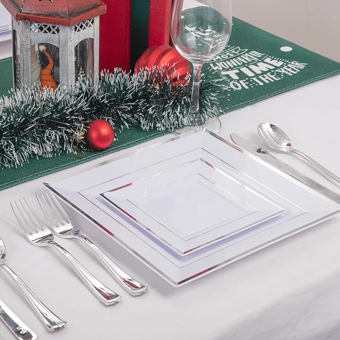 Liacere 100PCS White and Silver Square Plastic Plates - 50PCS Heavy Duty 9.5inch White Dinner Plate and 50PCS 6inch Dessert Plates-Silver Disposable Plate for Party＆Wedding＆New Year&Chrismas