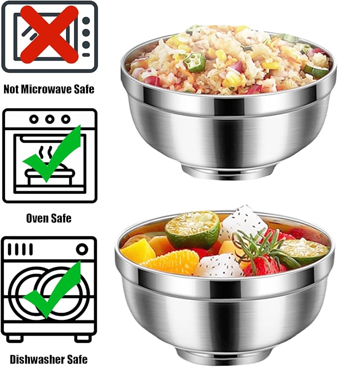 6 Pack 18/8 Stainless Steel Bowl, Double Walled Insulated Soup Bowls, 12 Oz Metal Serving Dishes Unbreakable Snack Bowl for Sauces, Rice, Noodle, Ice Cream