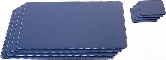 Nikalaz Set of Blue Placemats and Coasters, 4 Table Mats and 4 Coasters, Recycled Leather, Place Mats 18'' x 13'' and Coasters 3.9'' x 3.9''