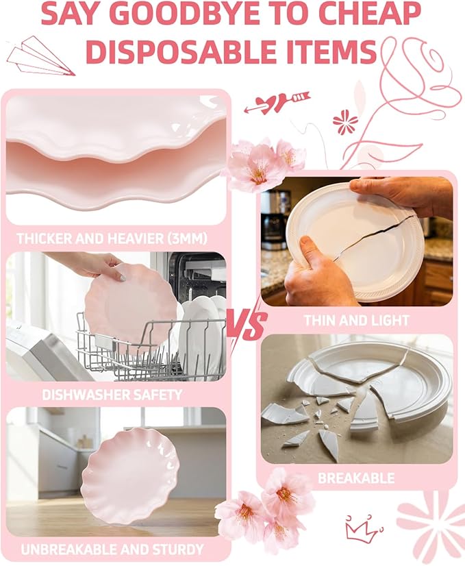 LIYH 24 Pcs Pink Plates Reusable, Pink Plastic Scalloped Plate Durable and Dishwasher Safe,Baby Shower Plate, Light Weight Daisy Plastic Wavy Plates for Wedding Party Birthday