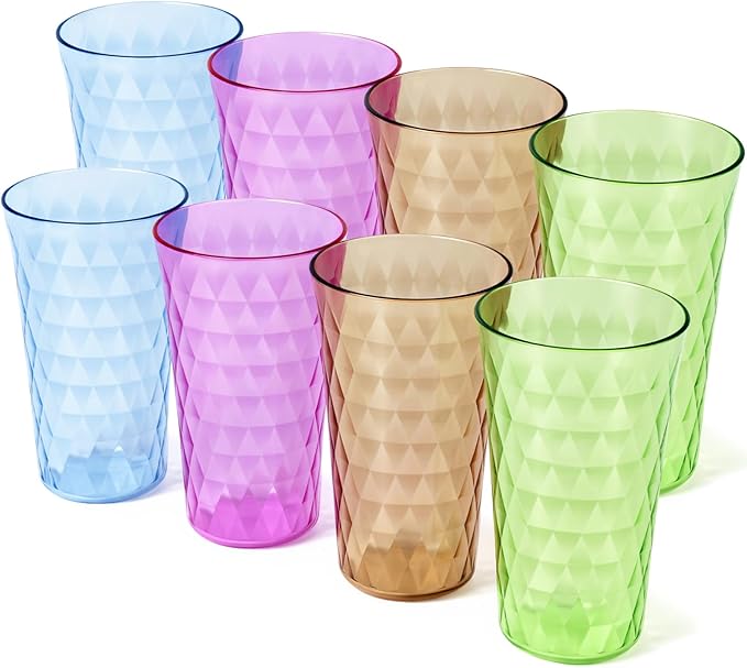 Freshmage 20 oz Unbreakable Drinking Glasses (Set of 8), Jewel Tone Colored Reusable Tumblers, BPA Free Plastic Drinking Cups for Home, Outdoor, Picnic, Pool, Stackable, Dishwasher & Microwave Safe