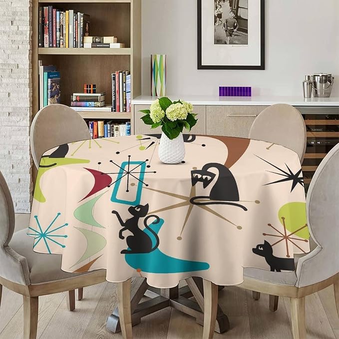 Mid Century Black Cat Round Tablecloth, Bohemian Modern Colorful Abstract Geometric Retro Art Bohemian Tablecloth for Home Party Dining Room Kitchen Decor 36Inch(90cm)
