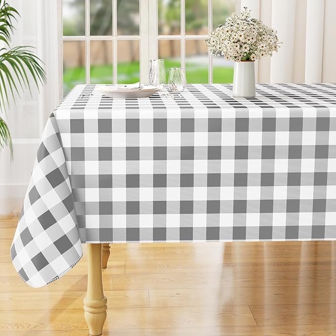 misaya Rectangle Waterproof Vinyl Table Cloth, Buffalo Flannel Backed Tablecloth, Wipeable Plastic Table Cover for Dinner, Kitchen, Outdoor (60" x 120", Grey and White)