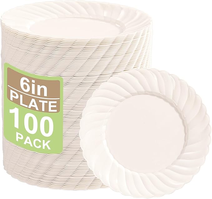 U-QE 100 Count 6 Inch Ivory Plastic Plates - Scalloped Dessert Plates Disposable - Premium Fancy Disposable Heavy Duty Party Supplies for Valentine's Day, Celebrations, Weddings and Events