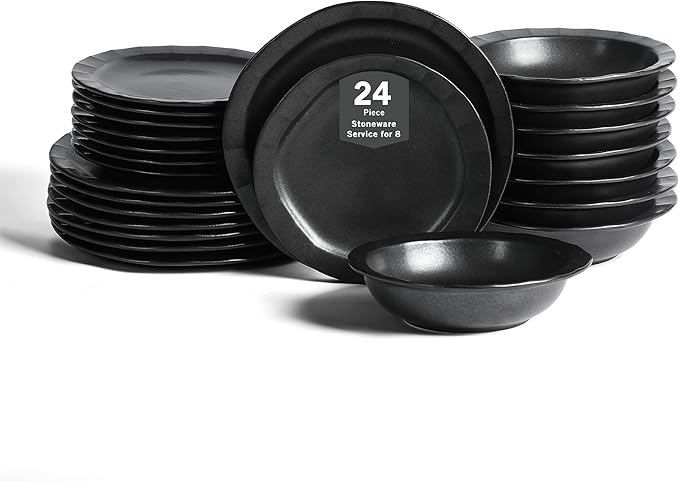 Stone Lain Oasis Stoneware 24 Piece Dinnerware Set, Home Kitchen Dish Set with Dinner Plates, Salad Plates & Bowls - Service for 8, Black