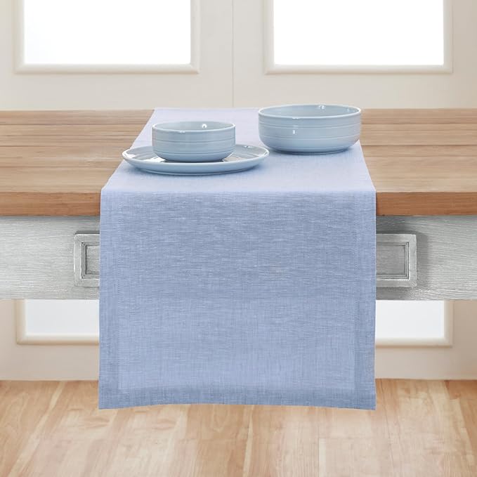 Solino Home Linen Table Runner 60 Inches - 100% Pure Linen Chambray Blue Table Runner 14 x 60 Inch Ideal for Dresser and Coffee Tables - Athena - Winter, Spring, Easter