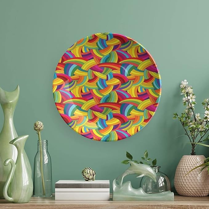 Ceramic Plates, Abstract Decor Decorative Ceramic Plates, Colorful Rainbows Wheels Spiral Wavy Fashionable, 8 Inch, for Dining, Parties, Wedding, Multy