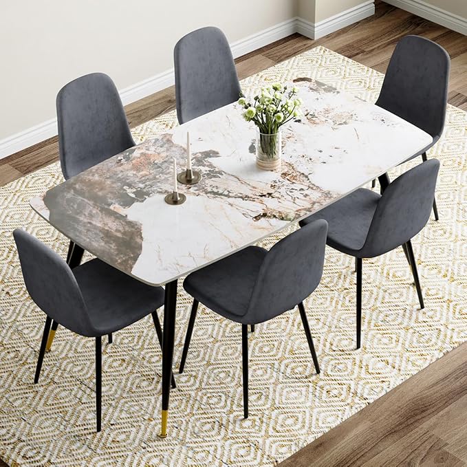 7 Piece Dining Table Set, Dinner Table Set for 6, Sintered Stone Kitchen Table Top and Modern Chairs Set of 6 for Kitchen Dining Room
