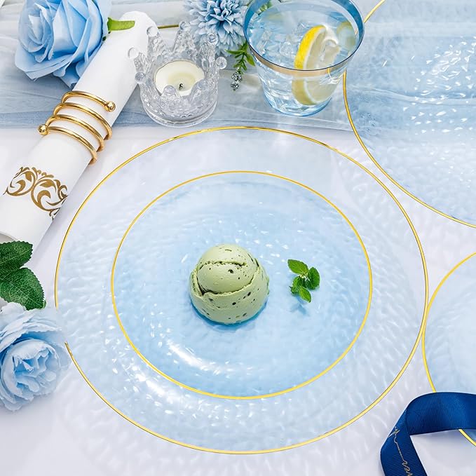 Rubtlamp 350 Pcs Clear Blue Plastic Plates, Blue Gold Plastic Dinnerware Set (50 Guests), Blue Disposable Plates With Gold Rim, Hammered Party Plates Set for Wedding And Party