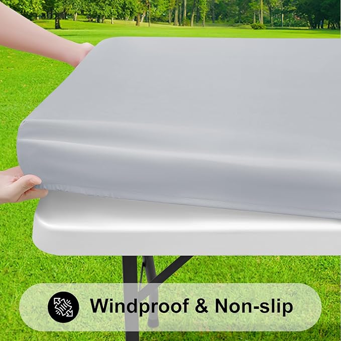 Smiry Rectangle Tablecloth, Elastic Fitted Flannel Backed Vinyl Tablecloths for 4ft Folding Tables, Waterproof Wipeable Table Covers for Indoor, Outdoor, Picnic and Camping (Light Grey, 24"x48")