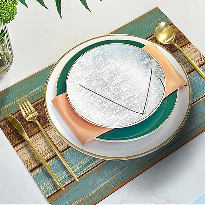 Mcalk Farmhouse Table Runner and Placemats Set of 6 Pieces, Teal and Brown Placemats Wooden Texture,Rectangle Cloth Place Mats Indoor for Kitchen,Washable Placemats Linen Material for Living Table