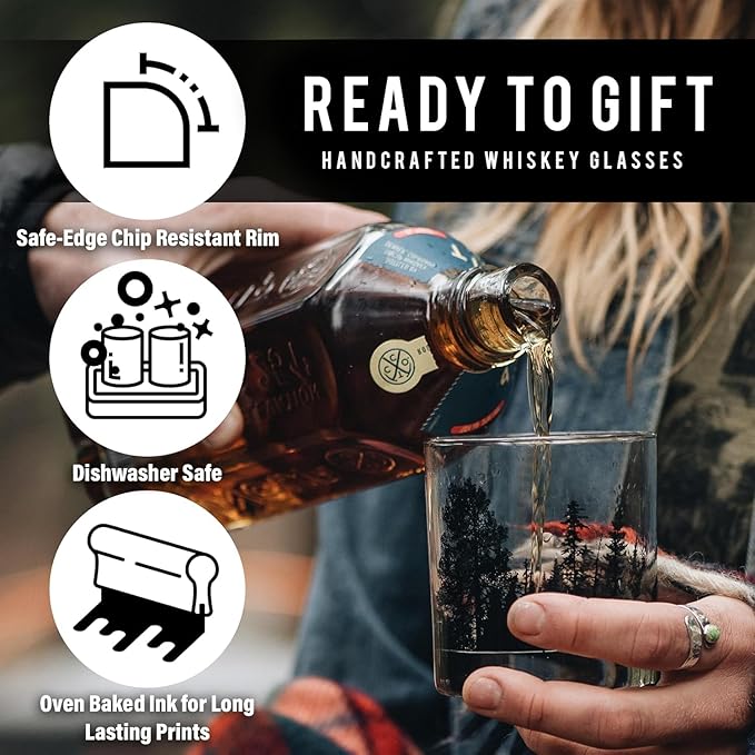 Black Lantern Whiskey Glass Set – Forest Landscape Old Fashioned Tumblers for Bourbon, Scotch & Cocktails – Nature Inspired 11oz Rocks Glasses for Home Bar & Gifts (Set of 2)