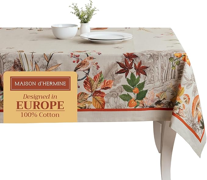 Maison d' Hermine Table Cloth Rectangle Table 100% Cotton 60 x 90 Inches Fall Tablecloth Reusable Everyday Use for Thanksgiving Christmas Decorations Dining Farmhouse Party (Recolte)