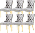 KCC Velvet Dining Chairs Set of 6, Upholstered High-end Tufted Dining Chair with Nailhead Back Ring Pull Trim Stainless Steel Legs, Contemporary Nikki Collection Modern Style for Kitchen, Light Gray