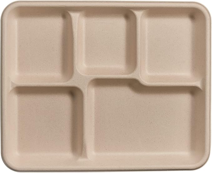 GUSTO [Case of 500 10 Inch Heavy-Duty 100% Compostable, 5 Compartment Eco-Friendly, Kraft Disposable Sugarcane Paper Plates - Brown Unbleached (Formerly Comfy Package
