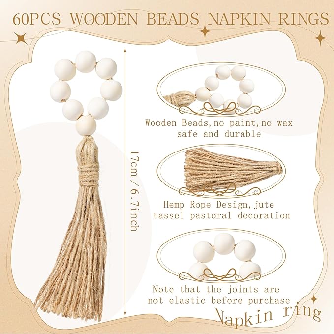 Maxcheck 60 Pcs Wood Bead Napkin Rings with Tassel Handmade Wooden Farmhouse Napkin Ring Natural Beaded Napkin Ring Holders for Tabletop Dining Party Wedding Gathering Home Decoration (Rustic)
