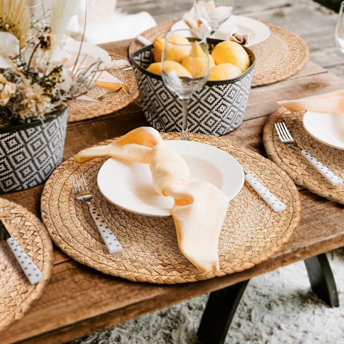13 in Woven Placemats Plate Chargers Set of 12, Boho Farmhouse Rustic Round Place Mats for Dining Table Decor, Rattan Wicker Table Mats Chargers for Dinner Plates