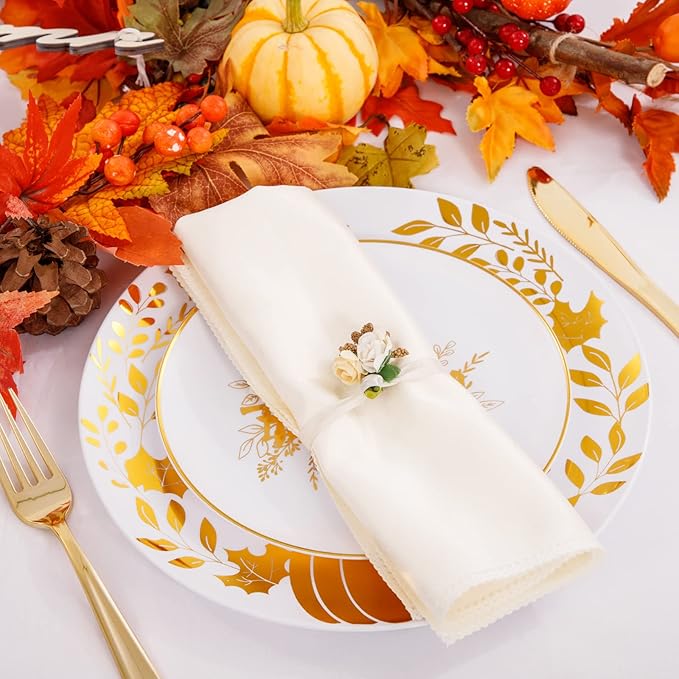 Ciaell 125PCS Thanksgiving Plastic Plates - Fall Pumpkin Disposable Plates White and Gold Heavy Duty Dinnerware Set include 25Dinner Plate, 25Desset Plate, 25Knives, 25Forks, 25Spoons for Thanksgiving