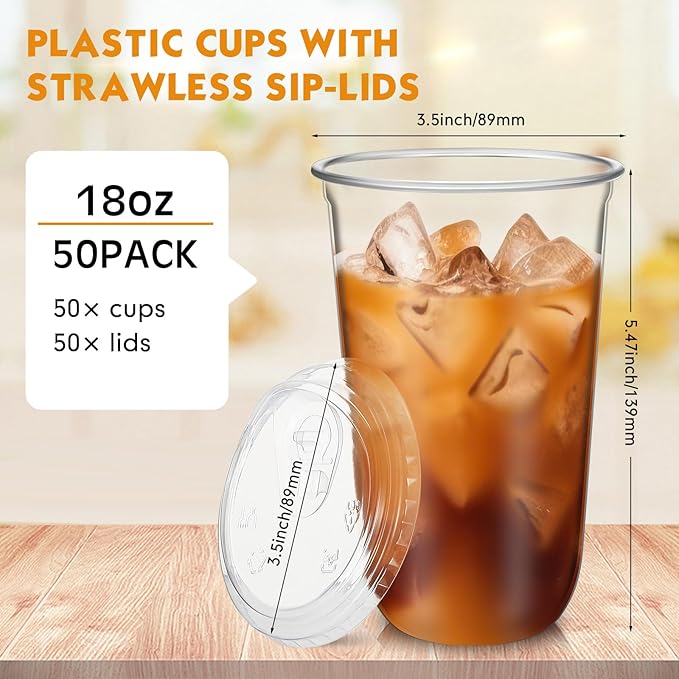 50 Sets Clear Plastic Cups with Strawless Sip Lids, Thickened Clear Disposable Plastic PET Crystal Cups for Iced Coffee, Smoothie, Cold Beverage, Drink Shops and Party Catering (18 oz)