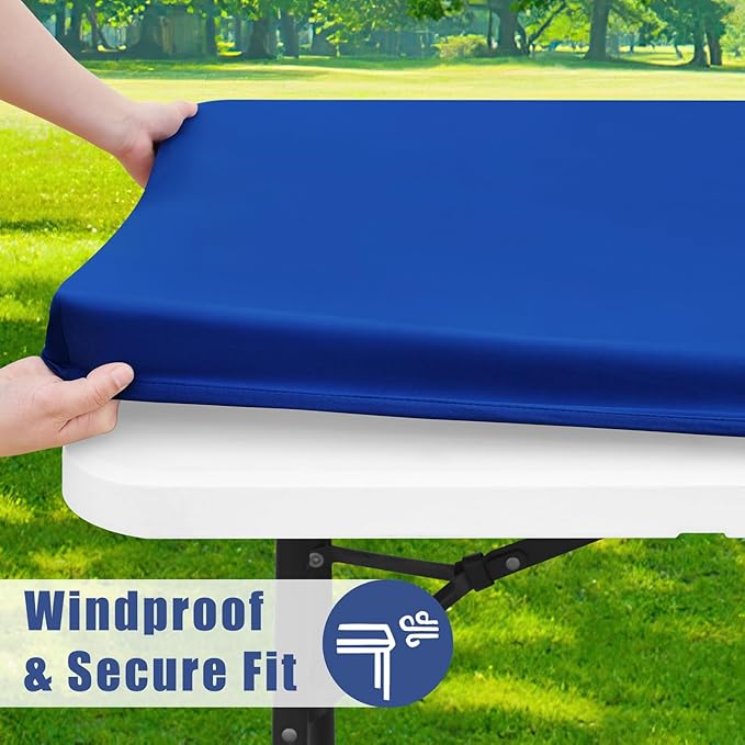 Spandex 4 Foot Rectangle Table Cloth 2 Pack, Elastic Fitted Tablecloths for Picnic, Stretch Washable Patio Table Cover for Outdoor, Camping, Banquet and Parties (Blue, 30"x48")