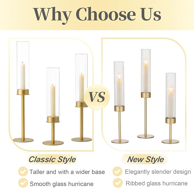 Hewory Gold Candle Holders, 12Pcs Brass Hurricane Candlestick Holders with Glass Candle Cover for Wedding Table Centerpiece Christmas Decor