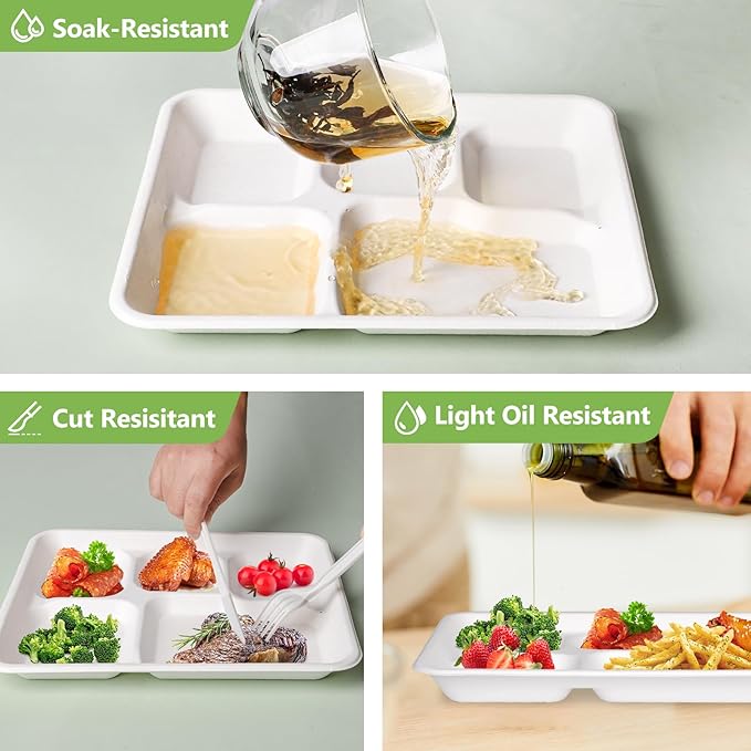 Compostable 5 Compartment Plates Disposable, 10.25 x 8.25 inch, [100-Pack] Heavy Duty Paper Plates with dividers, Sturdy School Lunch Trays, White Large Paper Dinner Plates for Buffet Party